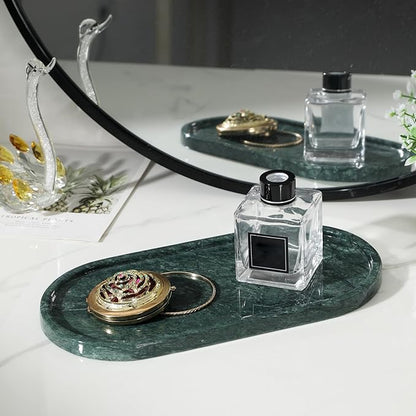 Faticdorr Green Marble Tray, 2 Pcs, Marble Vanity Tray, Bathroom, Decor for Trinket Perfume Jewelry Candle, 12 Inch Oval