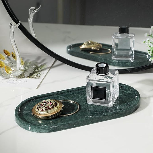 Faticdorr Green Marble Tray, 2 Pcs, Marble Vanity Tray, Bathroom, Decor for Trinket Perfume Jewelry Candle, 12 Inch Oval
