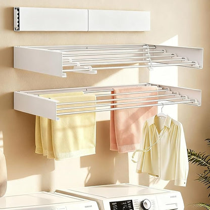 Wall Mounted Drying Rack for Laundry Retractable Clothes Dryer Racks 31.5” with 60 lb Capacity, Heavy Duty Clothing Drying Rack Foldable Space-Saving Design for Indoor & Outdoor