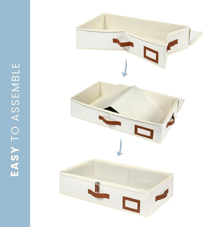OrganiHaus Under Bed Storage Containers, Bedroom Storage and Organization Bins, Clothes Organizer for Closet with Clear Cover and Reinforced Handles - Set of 2 23.5x12.5x5 inches Off-White