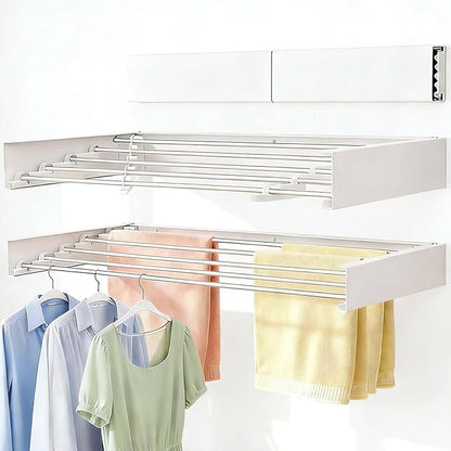 Wall Mounted Clothes Drying Rack 32", Heavy Duty Collapsible Space Saving Laundry Drying Rack with 50 lb Capacity, Drying Rack Clothing Foldable, 5 Rods, White