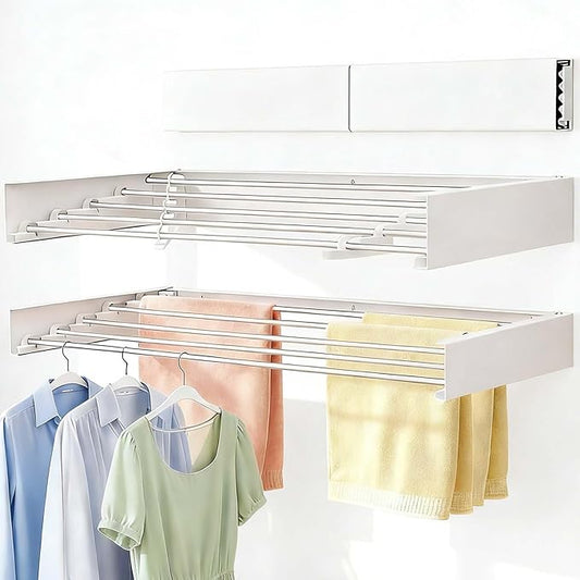 Wall Mounted Clothes Drying Rack 32", Heavy Duty Collapsible Space Saving Laundry Drying Rack with 50 lb Capacity, Drying Rack Clothing Foldable, 5 Rods, White