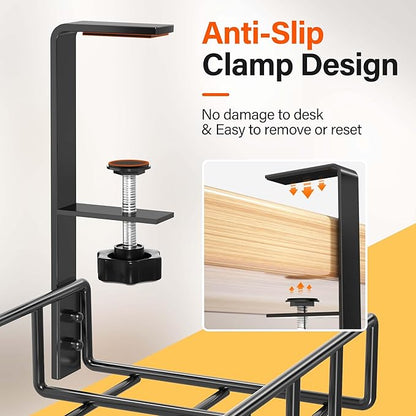 2 Pack Cable Management Under Desk Tray, 31.4" No Drill Under Desk Wire Management with Upgraded Clamp, Metal Cord Organizers for Desk with Cable Organizers, PC Cable Management Rack, Black
