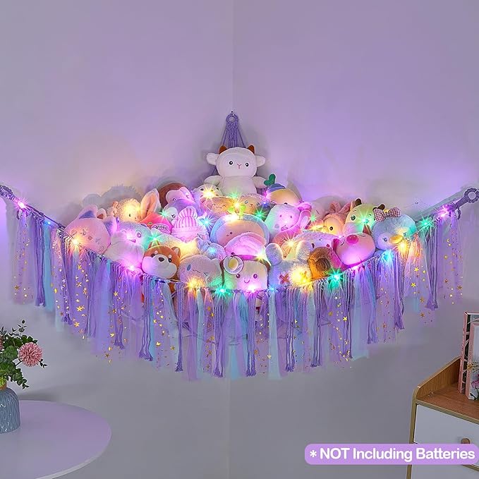 FIOBEE Stuffed Animals Net or Hammock with LED Light, Toy Hammock Hanging Stuffed Animals Storage Organizer Holder Room Décor for Nursery Kids Bedroom