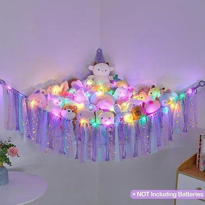 FIOBEE Stuffed Animals Net or Hammock with LED Light, Toy Hammock Hanging Stuffed Animals Storage Organizer Holder Room Décor for Nursery Kids Bedroom