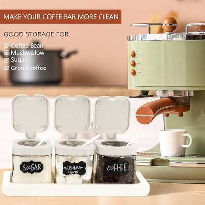 Suclain 3 Pcs Glass Coffee Containers Coffee Station Organizer Set, Airtight Bean Storage Jars with Shelf,labels,spoon, Base and Pen,for Sugar, Candy, Oats, Nuts (White)