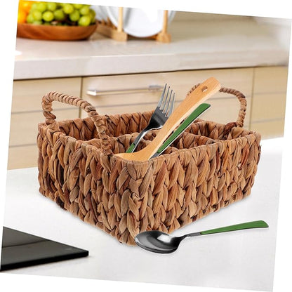 Woven Cutlery Organizer Basket Divided Hyacinth Design for Tabletop Cabinet Natural Storage for Silverware Snacks Stylish Space-saving Home Decor