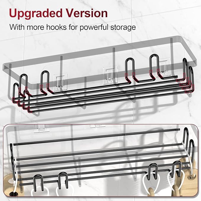 Getsrichfc Adhesive Shower Caddy, Shower Shelves with 16 Hooks, Rustproof Shelf Wall Corner Racks for Inside Bath, No Drilling & Sleek Bathroom Organizers and Storage Caddies Soap Holder, 2 Pack