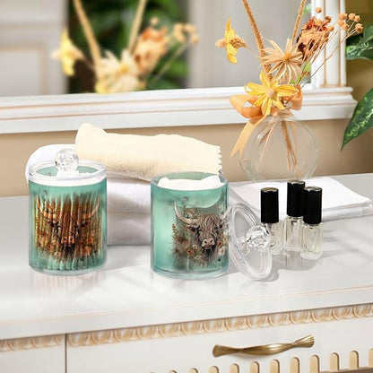 MNSRUU 4 Pack Qtip Holder Organizer Dispenser Highland Cow Flowers Pink Bathroom Storage Canister Cotton Ball Holder Bathroom Containers for Cotton Swabs/Pads/Floss