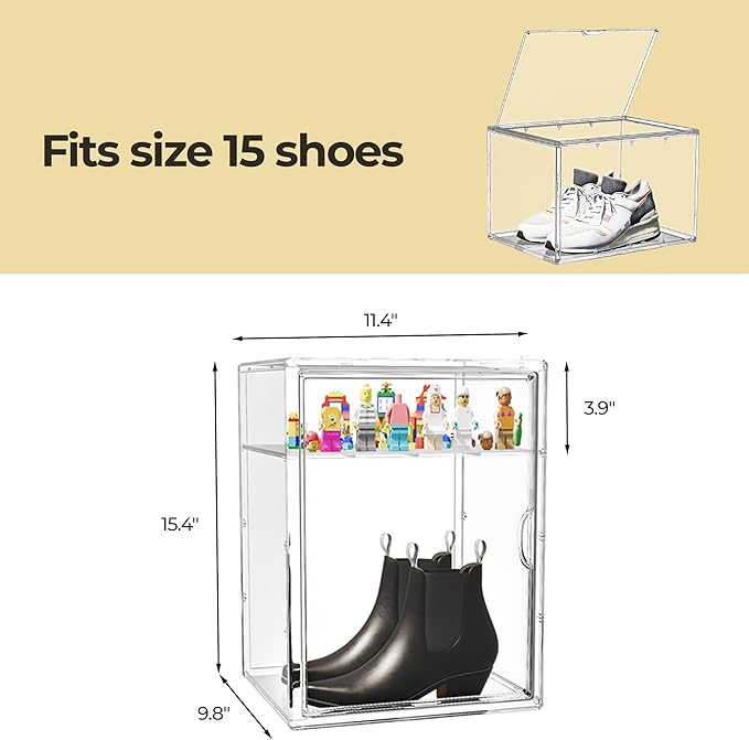 IYINIYI 15.75''x11.81''x9.84'' XX-Large Clear Shoe Storage Boxes with Divider, Stackable Plastic Boot Boxes with Magnetic Door, Acrylic display case Box with Lids for Sneaker Purses Handbags Books (1)