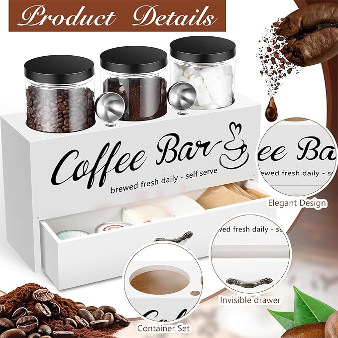 3 Pcs Coffee Canister Set with Shelf and Spoon Plastic Coffee Bean Storage Container with Lids Coffee Storage Box with Drawer Food Storage Jars for Coffee Bar Kitchen (White)