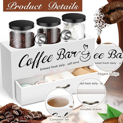 3 Pcs Coffee Canister Set with Shelf and Spoon Plastic Coffee Bean Storage Container with Lids Coffee Storage Box with Drawer Food Storage Jars for Coffee Bar Kitchen (White)