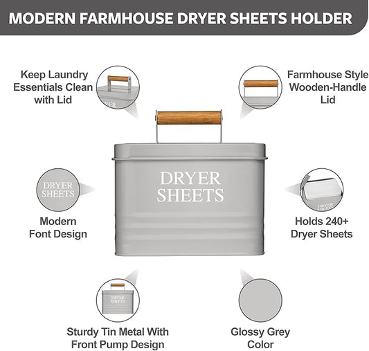 Calindiana Modern Farmhouse Metal Laundry Dryer Sheets Holder Fabric Softener Dispenser with Lid for Laundry Room Decor and Accessories and Space Saving Laundry Room Organization and Storage, Grey
