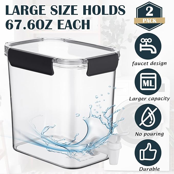 Soaoo 2 Pcs Laundry Detergent Dispenser 67.6 oz Liquid Soap Dispenser with Faucet for Laundry Room 2 Liquid Detergent Holder with Labels and Measuring Cup Fabric Softener Container