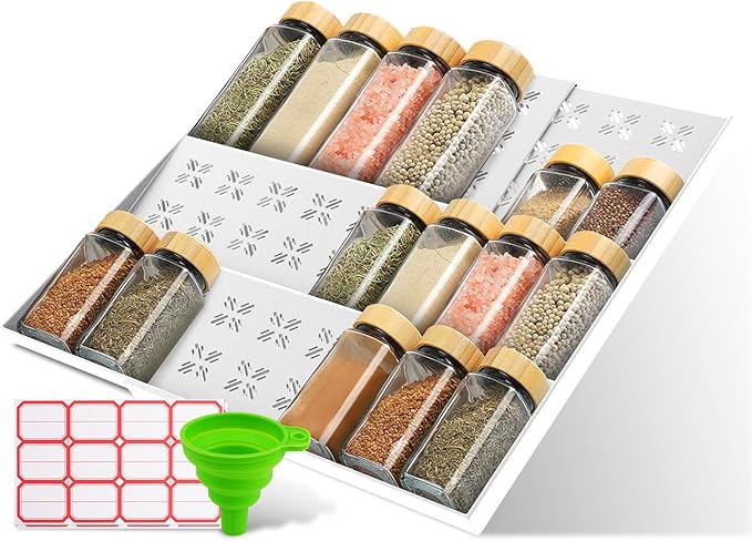 Idcymoul Spice Drawer Organizer 3-Tier Expandable (11"-22" Wide), Spice Rack for Cabinet with Funnel & Spice Labels, Fits Large Jars, Seasoning Storage Insert Design for Cabinet & Drawer (White)
