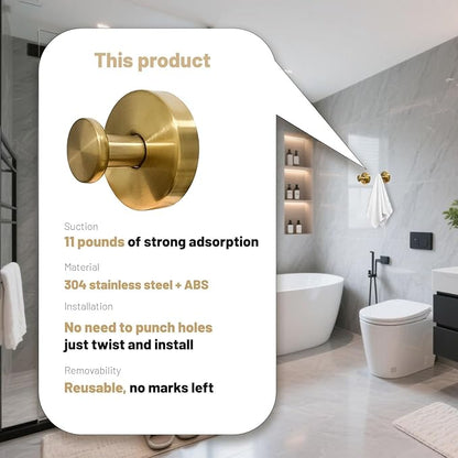 Zloeoa 4Pcs Suction Cup Hooks, Wreath Hangers for Front Door, Strong Hold No Drill Hangers for Bathroom, Kitchen, Glass, Tile, Perfect for Wreaths (Gold)