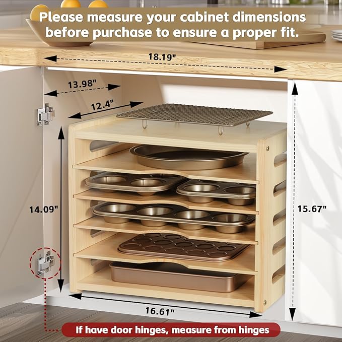 6 Tier Wooden Cabinet Tray Dividers for Baking Trays, Pans & Cutting Boards - 16.61" W x12.4 D x14.09 H Vertical Cookie Sheet Organizer, Spoon Rest, Utensil Holder, Kitchen for Pots Pans Storage