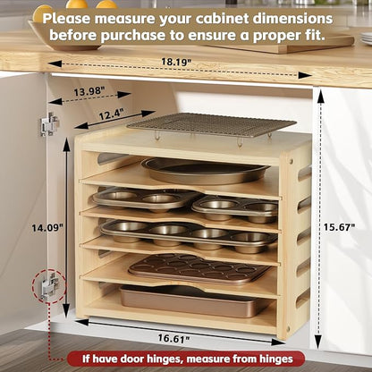 6 Tier Wooden Cabinet Tray Dividers for Baking Trays, Pans & Cutting Boards - 16.61" W x12.4 D x14.09 H Vertical Cookie Sheet Organizer, Spoon Rest, Utensil Holder, Kitchen for Pots Pans Storage