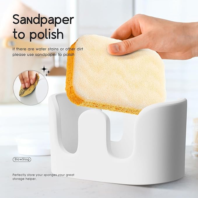 Slow Slog Double Sponge Holder, 2 Slot Diatomite Stone Sponge Holder, Absorbent Sponge Stand for Kitchen Sink, Quick Dry Sponge Caddy Kitchen Sink Organizer, White