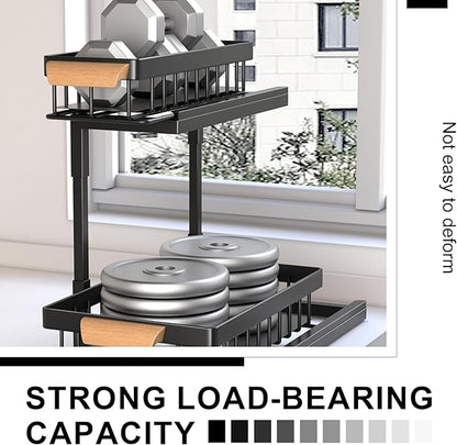 2-Tier Sliding Under Sink Organizer, L-shape Pull Out Cabinet Organizers, Multi-purpose Sink Storage Shelves, Metal Mesh Drawer Organizer for Bathroom Kitchen (Black, Pull-Down Style)