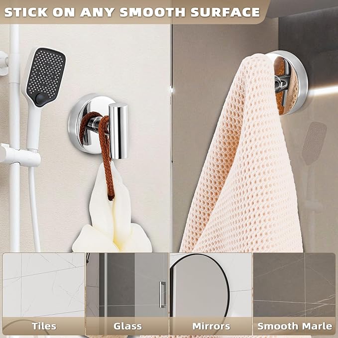 Fenas Suction Cup Hooks for Shower - Bathroom Reusable Hooks for Towels, Robes & Loofah - No-Drill Mounting on Kitchen,Walls,Metal,Glass,Mirrors,Tile & Smooth Non-Porous Surfaces (4, Chrome Polished)