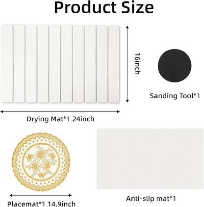 Hoborato Stone Dish Drying Mat, 24"(L)×16"(W) - Fast-Drying, Collapsible Kitchen Counter Mat for Dishes, Cups & Bottles with Sanding Tool + Placemat, White