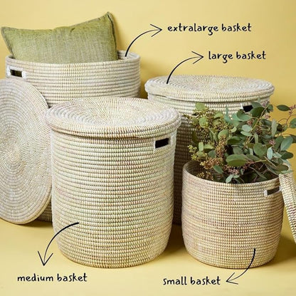 Extra Large White Storage Basket - Laundry Hamper, Baby Nursery Toys Bin, Living Room Blankets Storage, Towels Holder, Organizing, Decorative - Wicker, Woven, Lid, Handles