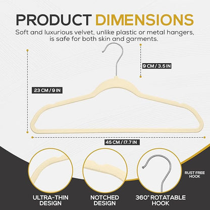 Techzoo 50 Pack New Premium Quality Velvet Hangers Ultra Thin Non Slip Adult Felt Space Saving Hangers for Closet Heavy Duty Coat Pants Jackets Dress Hangers 360° Swivel Hook Hold Upto 10 lbs Ivory