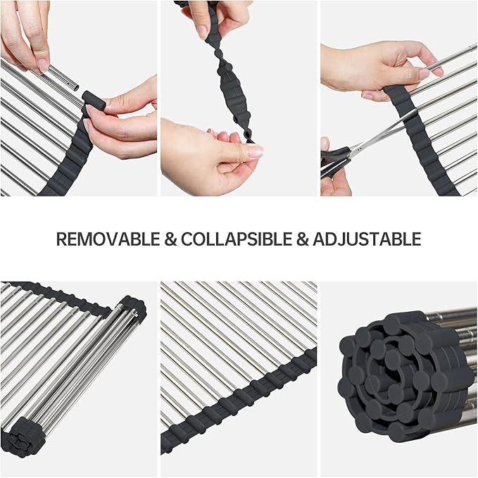 AXIMIXAME Expandable Large Draining Rack, Roll Up Heat-Resistant Dish Drainer for Stainless Steel Sinks, Collapsible Over The Sink Rack Non-Slip Silicone Rolling Up Rack 18 Tube