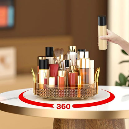 Awenia Rotating Makeup Organizer 360, Stackable Adjustable Large Capacity Cosmetic Storage Unit,Dresser Bathroom Kitchen Countertop Organizer with Metal Handle, Plus Size (Honorable Gold, 1 Tier)