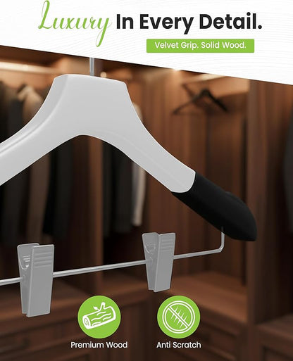 All Hung Up Hangers - Wooden Hangers with Clips for Women, Solid Wood Skirt & Suit Hangers, Heavy-Duty Adjustable Non-Slip Design with Velvet Grip, White with Black Velvet, 12 pcs