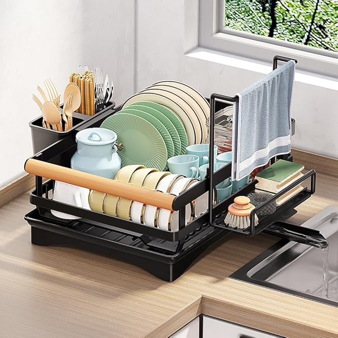 Dish Drying Rack for Kitchen Counter - Dish Drying Rack with Tray, Drying Rack for Kitchen Sink with Utensil Holder Swivel Spout, Black