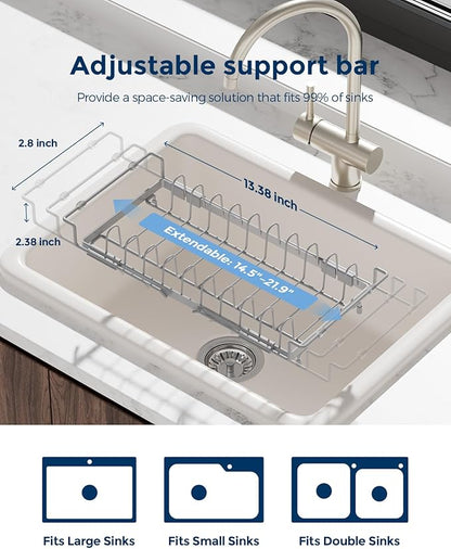 Nacial 2-in-1 Small Dish Drying Rack Fits 14''–21.8'' Sink, Dish Drainers for Kitchen Counter Extend Kitchen Sink Drain Basket with Utensil Holder & Auto-Drain Tray, Stainless Steel Plate Rack, Gris