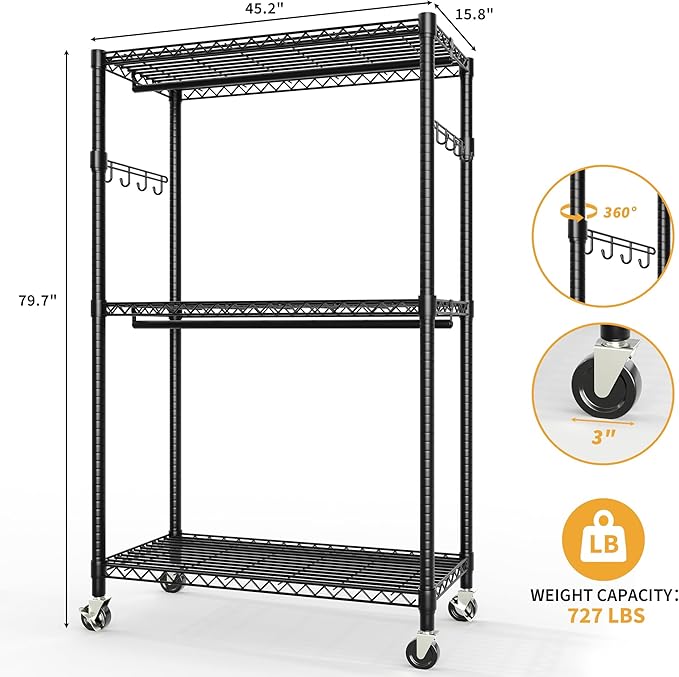Garvee 3 Tier Clothes Rack with Wheels, Adjustable Shelves & 2 Hanging Rod, Heavy Duty Clothing Rack Closet Organizer Freestanding Wardrobe for Hanging Clothes, 79.6" H x 45.3" W x 15.8" D, Black