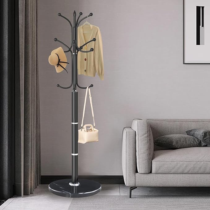 Metal Coat Rack Stand, Modern Freestanding Coat Rack with Natural Marble Base, Coat Racks and Coat Hall Tree Hanger Stand for Entryway, Hallway, Office (12 HOOKS)