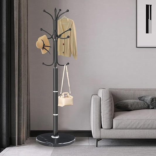 Metal Coat Rack Stand, Modern Freestanding Coat Rack with Natural Marble Base, Coat Racks and Coat Hall Tree Hanger Stand for Entryway, Hallway, Office (12 HOOKS)