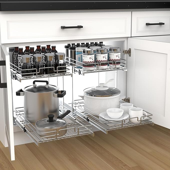 2 Tier Pull Out Cabinet Organizer, 14" W x 21" D Heavy-Duty Metal Sliding Drawer Shelf for Kitchen Cabinets, Chrome, Doesn't Include Door Fittings