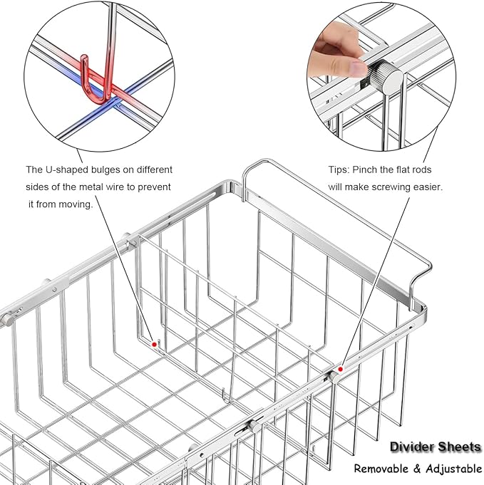 Freezer Organizer Bins for Chest Freezer, Capacity Expandable Deep Freezer Baskets Hanging Chest Freezer Organizer with Divider Sheets, Length Extendable Between 15.5" ~ 24.5"