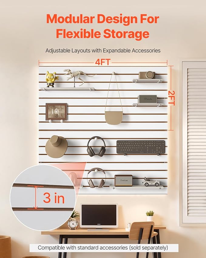VEVOR Slat Wall Paneling, 4 x 4 ft, MDF Garage Slatwall with Modular Design, White Slat Wall Easy-to-Install Adjustable Slatwall Panel with Coupling Structure & DIY Cutting, Fits for Storage & Display