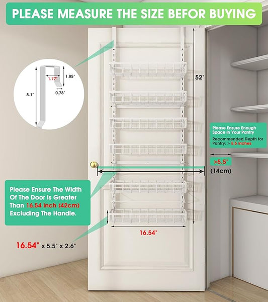 Over The Door Pantry Organizer, Wall Mount Spice Rack, Pantry Hanging Storage and Organization, 6 Adjustable Baskets Heavy-Duty Metal for Home & Kitchen, Back of Door Seasoning Rack - White