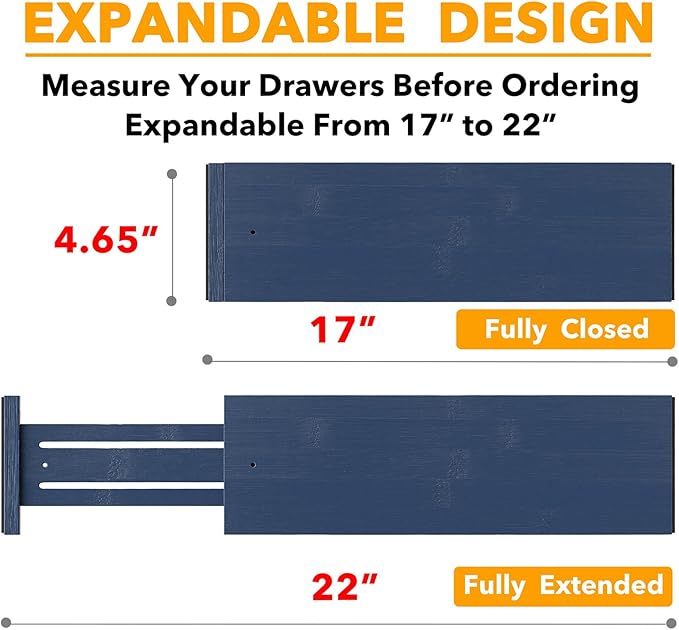 SpaceAid Bamboo 4 Pack Dresser Drawer Dividers, 4.65“ High Adjustable 17“-22” Drawer Organizers, Expandable Organization for Clothing, Clothes, Dressers, Navy Blue