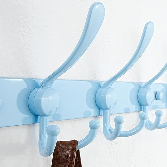 Dseap Coat Rack Wall Mount - 29.5” Long 8-Tri-Hooks Heavy Duty Coat Hanger Rail Wall Hooks for Hanging Coats Hats Clothing Clothes Purse Mudroom Entryway, Blue, Pack of 2