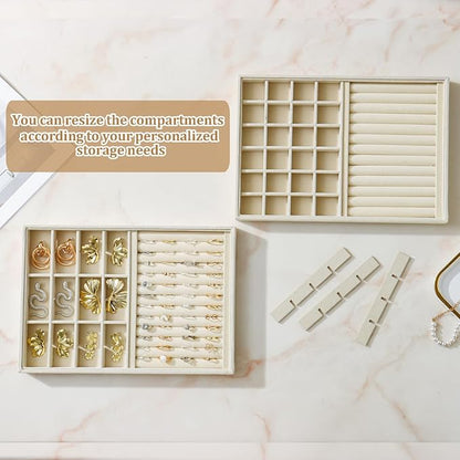 KATISYIO Large Velvet Jewelry Tray 2 Pack Stackable Jewelry Display Drawer Inserts Trays Organizer for Earring Bracelet Necklace Ring (Beige, Ring and 24 Grids)