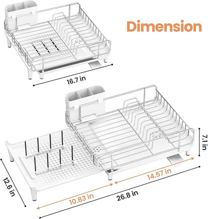 TOOLF Dish Drying Rack - Large Expandable Dish Rack for Kitchen Counter, Stainless Steel Dish Drainer for Kitchen Organization with Cutlery ＆ Cup Holder,White