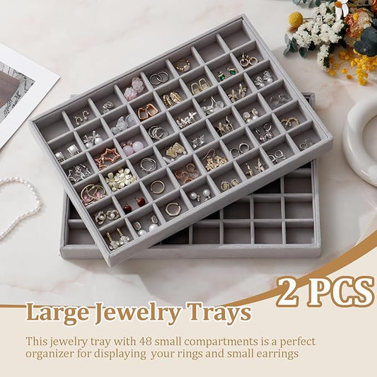 KATISYIO Large Velvet Jewelry Tray 2 Pack Stackable Jewelry Display Drawer Inserts Trays Organizer for Earring Bracelet Necklace Ring (Gray, 48 Grids)