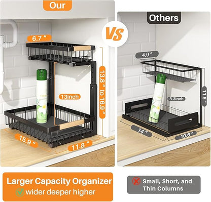 PXRACK 2 Pack Under Sink Organizer,Adjustable Height,2 Tier Pull Out Under Cabinet Organizer,Slide Out Thickened Metal Under Sink Storage for Kitchen Bathroom Laundry Cabinet Pantry,Black(L)
