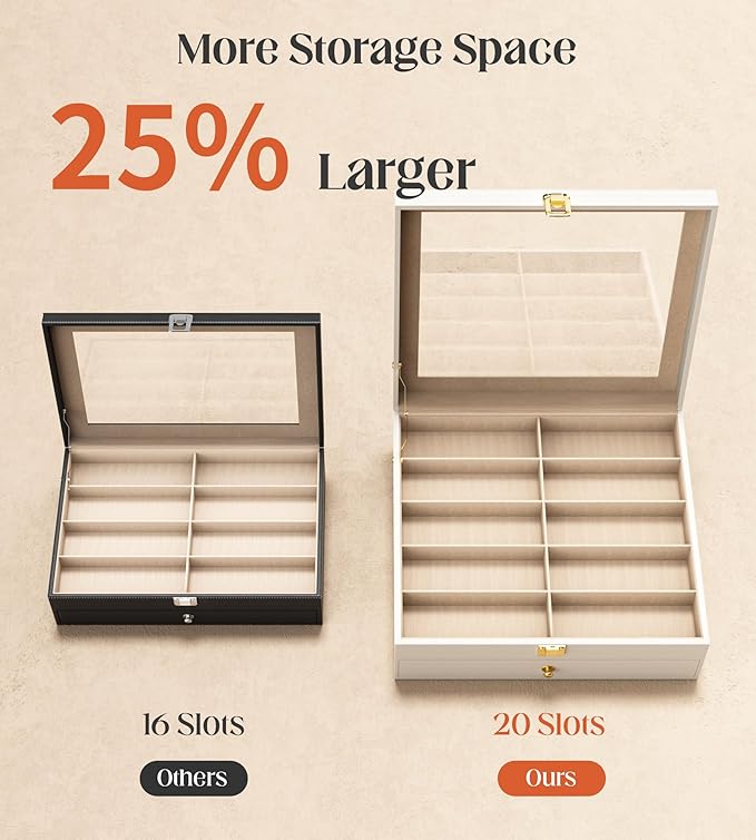 sensok Sunglasses Organizer Storage Box - 20 Slots Eyeglass Display Case for Multiple Pair Glasses, 2-Layer Holder with Clear Glass Lid, Jewelry and Watch Collection Box for Women and Men, White