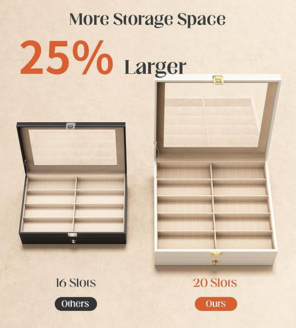 sensok Sunglasses Organizer Storage Box - 20 Slots Eyeglass Display Case for Multiple Pair Glasses, 2-Layer Holder with Clear Glass Lid, Jewelry and Watch Collection Box for Women and Men, White