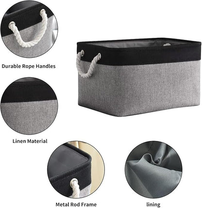 TheWarmHome Collapsible Storage Bin for Shelves - 16x12x8 inch Large 3 Pack Storage Basket for Organizing with Rope, Fabric Storage Cubes for Organizer Toy Cloth Gift Closet (Black & Grey)