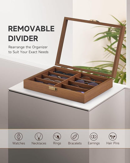 CO-Z Sunglasses Organizer with 8 Slots, Wood Eyeglasses Storage Box for Women Men, Lockable Display Case for Multiple Glasses, Glasses Holder for Watches Jewelry Collection, Walnut